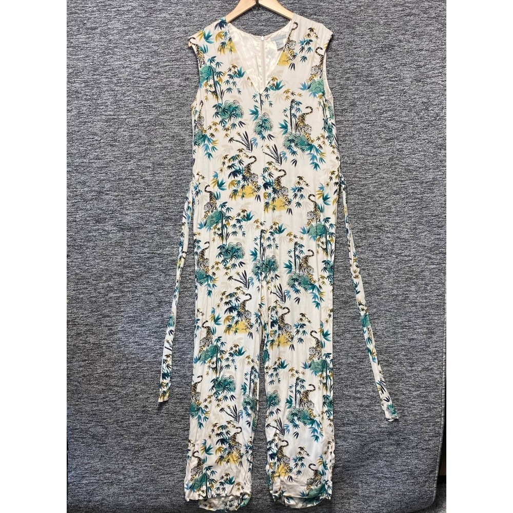 HM Jumpsuit Womens 8 Ivory Tiger Bamboo Print Sleeveless V Neck Wide Leg Safari